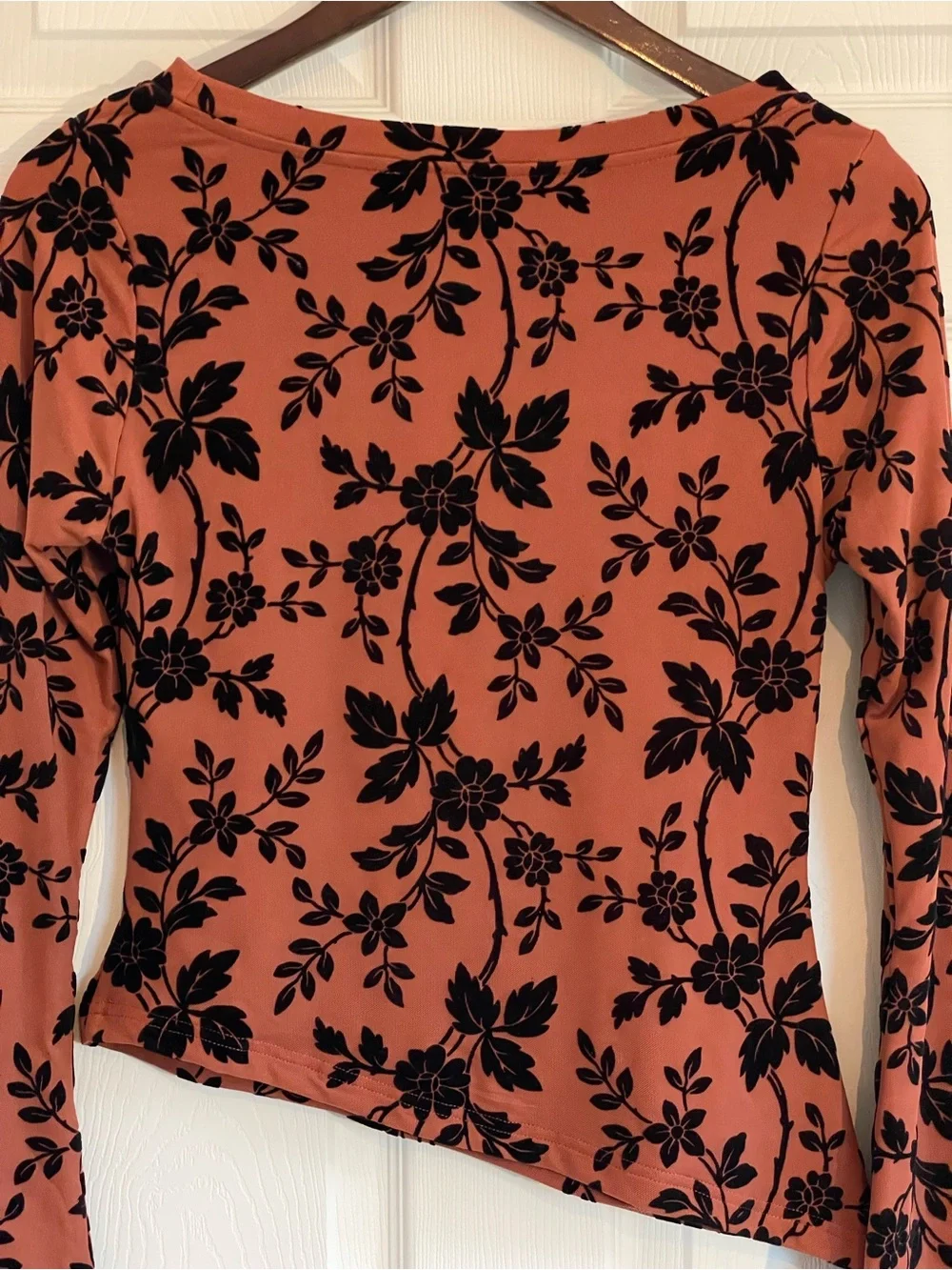 Rust Floral Velvet Long Sleeve Top Women’s M Burnt Orange Blouse Black